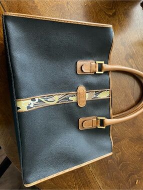 LEONARD Black and Tan Men's Tote Bag with Patterned Accent